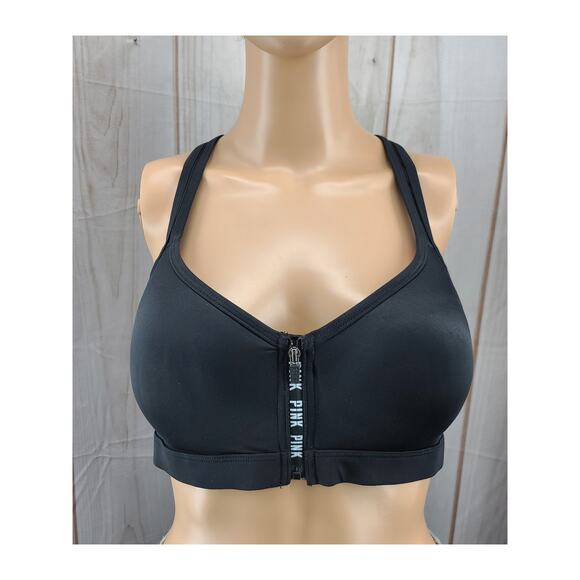 Victoria's Secret Large PINK Ultimate Push-Up Sport Bra Black Zip Front Strappy - Picture 1 of 7